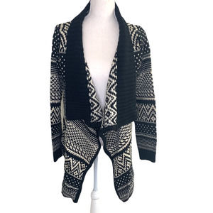 Tobi Open Drape Front Southwest Print Black Ivory Knit Cardigan Small